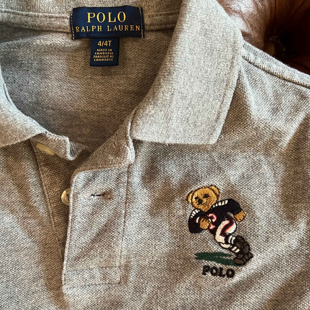 Polo Ralph Lauren Boys Grey Embroidered Football Polo Bear Shirt Size 4/4T - Picture 2 of 4